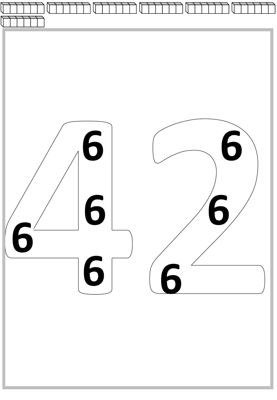 Repeated addition mat for 42: seven groups of six cubes and seven printed 6s inside the large number 42.