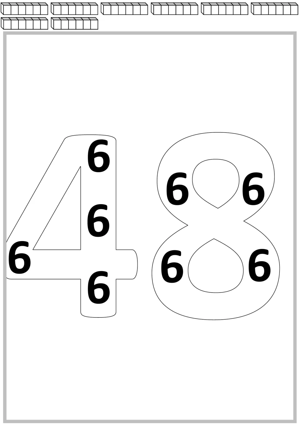 Repeated addition mat for 48: eight groups of six cubes and eight printed 6s inside the large number 48.