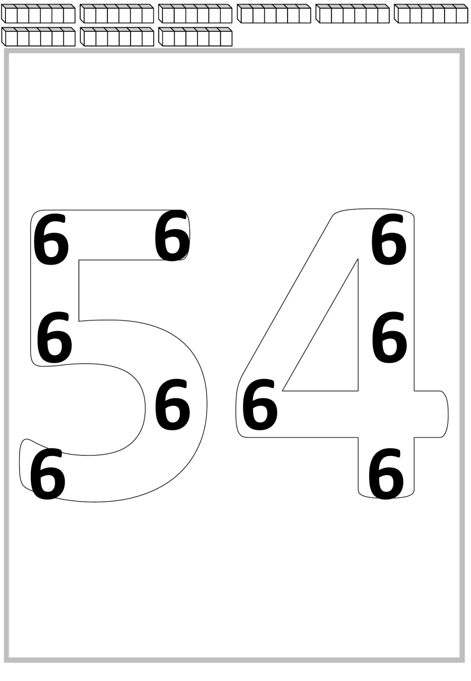 Repeated addition mat for 54: nine groups of six cubes and nine printed 6s inside the large number 54.