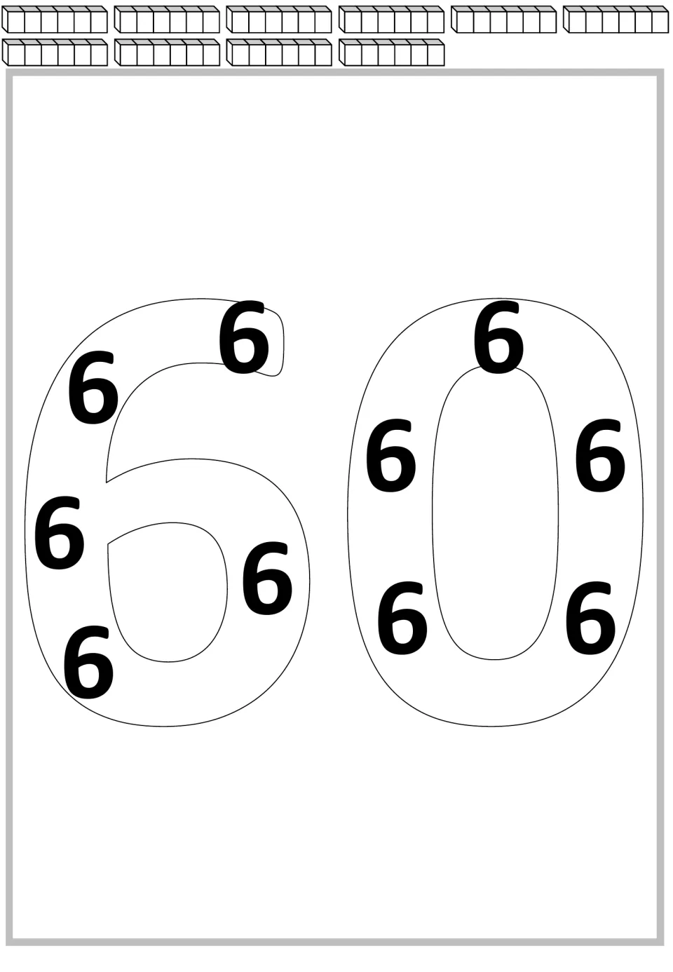Repeated addition mat for 60: ten groups of six cubes and ten printed 6s inside the large number 60.