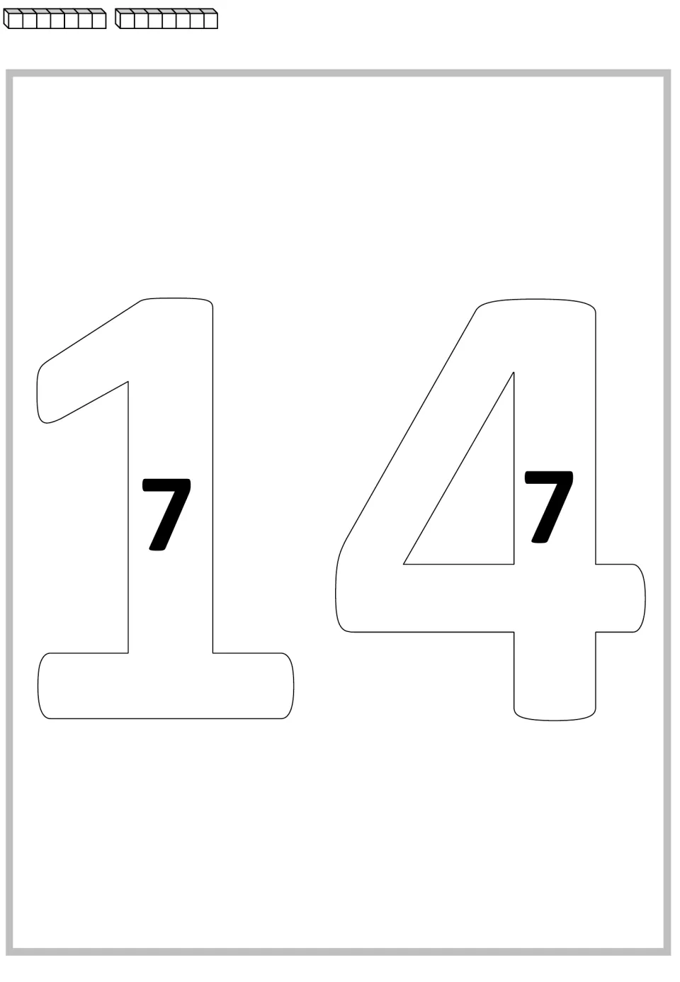 Multiplication mat for 14 showing large outlined numerals containing two 7s, with two cube rods above