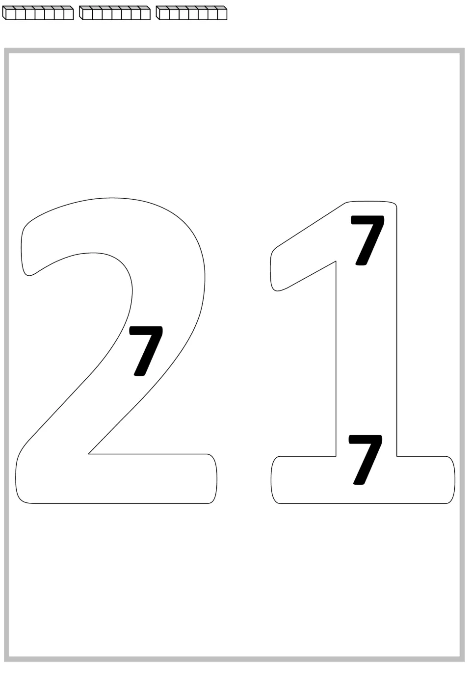 Multiplication mat for 21 showing large outlined numerals containing three 7s, with three cube rods above