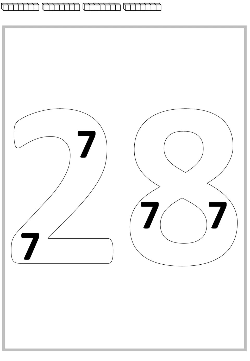 Multiplication mat for 28 showing large outlined numerals containing four 7s, with four cube rods above