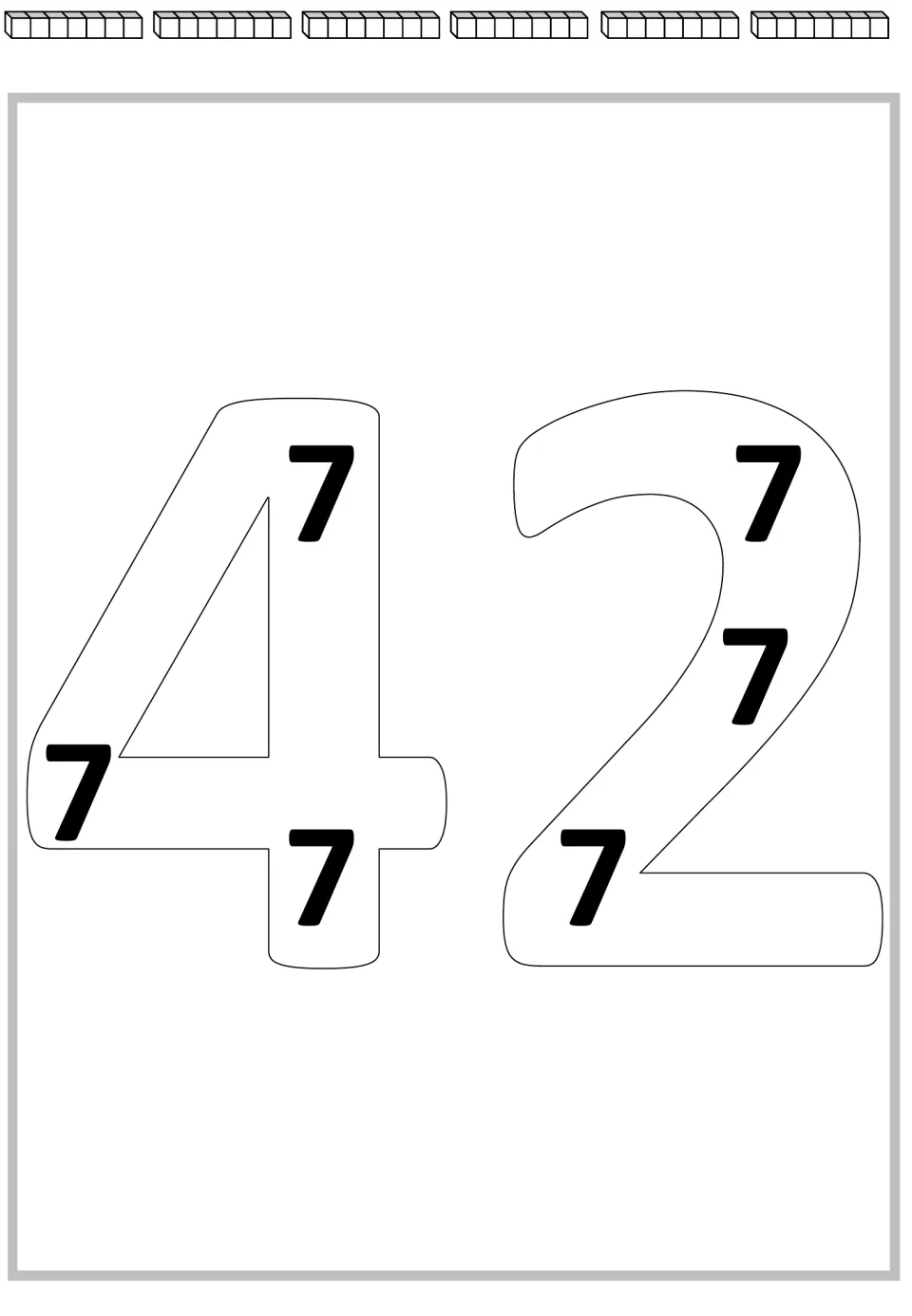 Multiplication mat for 42 showing large outlined numerals containing six 7s, with six cube rods above