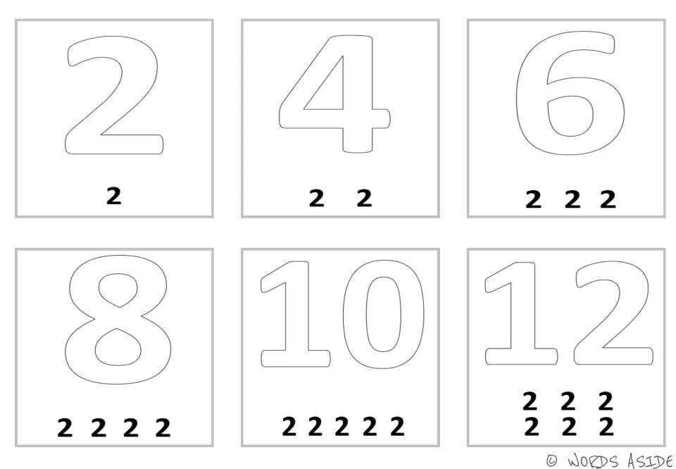 Multiplication mini cards for 2, 4, 6, 8, 10, and 12, with one through six repeated 2s below the products