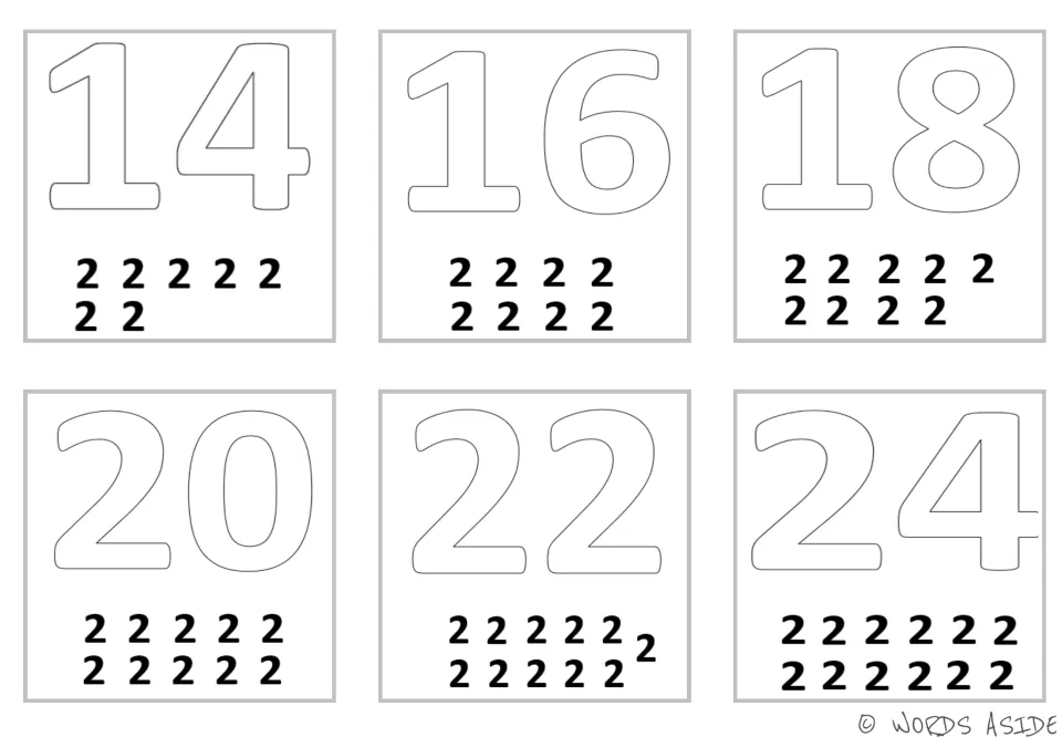 Multiplication mini cards for 14, 16, 18, 20, 22, and 24, with seven through twelve 2s below the products
