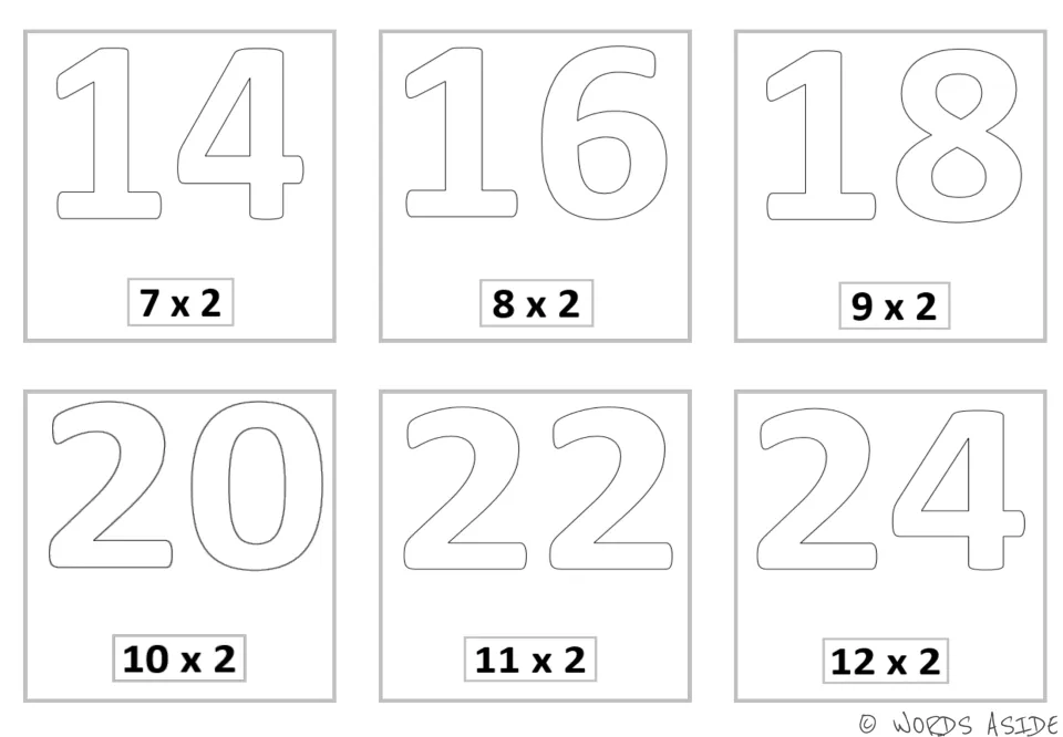 Multiplication mini cards pairing products 14, 16, 18, 20, 22, and 24 with expressions from 7 x 2 through 12 x 2