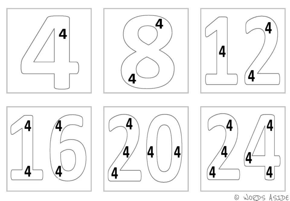 Multiplication mini cards for 4, 8, 12, 16, 20, and 24, with repeated 4s inside each outlined product.