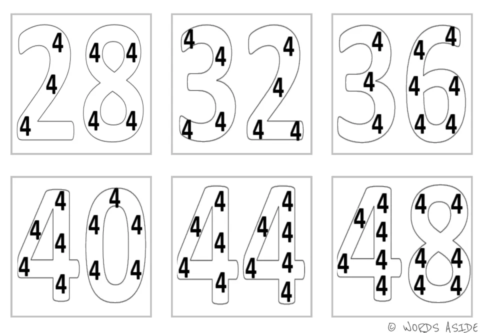 Multiplication mini cards for 28, 32, 36, 40, 44, and 48, with repeated 4s inside each outlined product.