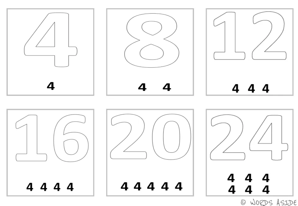 Multiplication mini cards for 4, 8, 12, 16, 20, and 24, with one through six repeated 4s below the products.