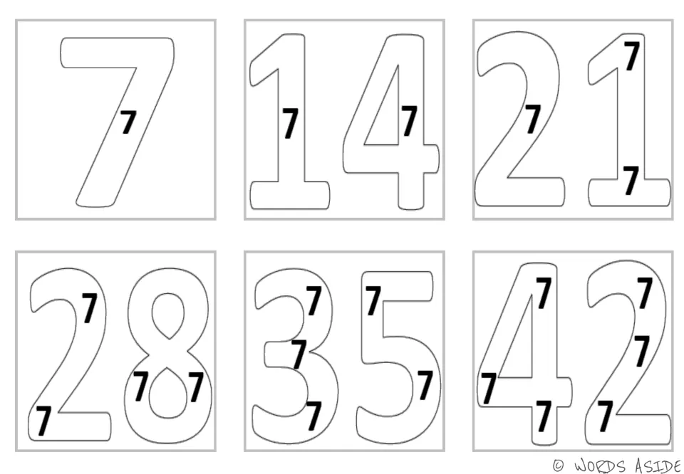Multiplication mini cards for 7, 14, 21, 28, 35, and 42, with repeated 7s inside each outlined number.