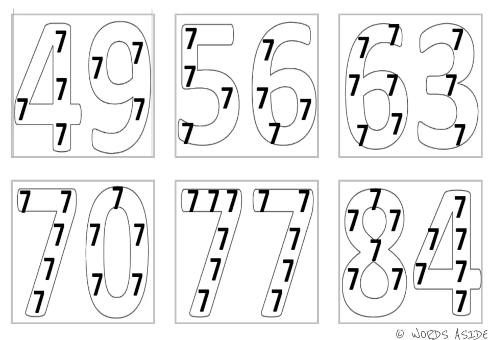 Multiplication mini cards for 49, 56, 63, 70, 77, and 84, with repeated 7s inside each outlined number.