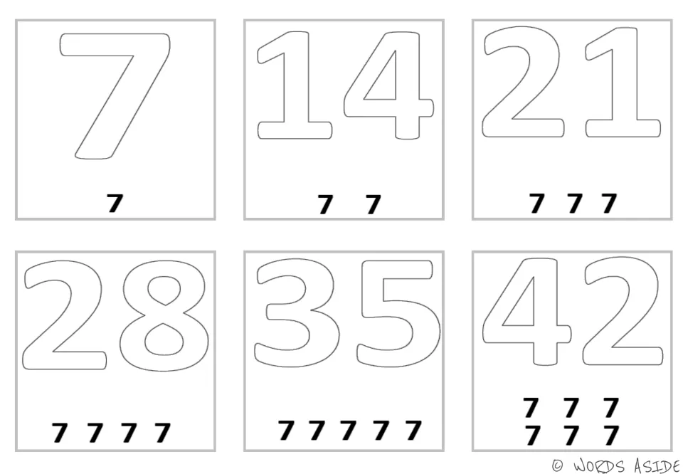 Repeated addition mini cards for 7, 14, 21, 28, 35, and 42, with one through six 7s below the numbers.