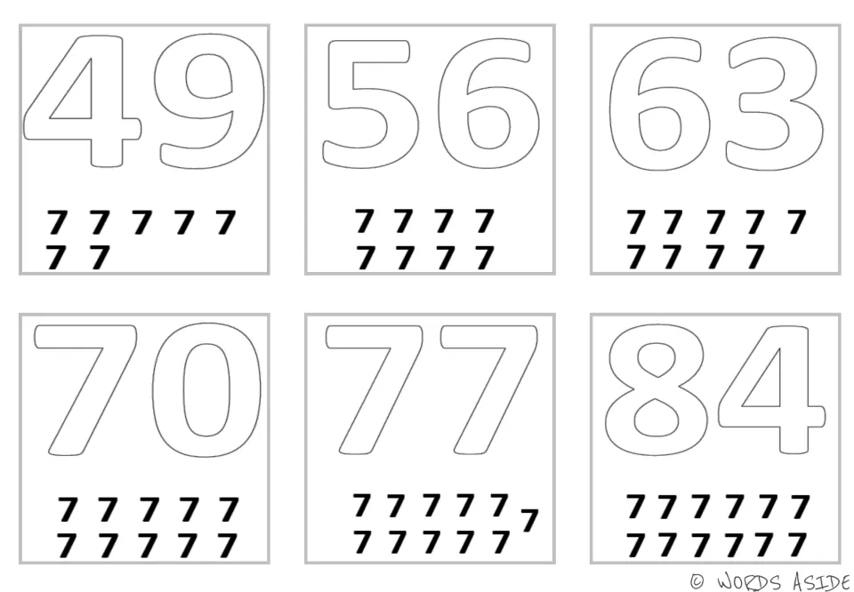 Repeated addition mini cards for 49, 56, 63, 70, 77, and 84, with seven through twelve 7s below them.