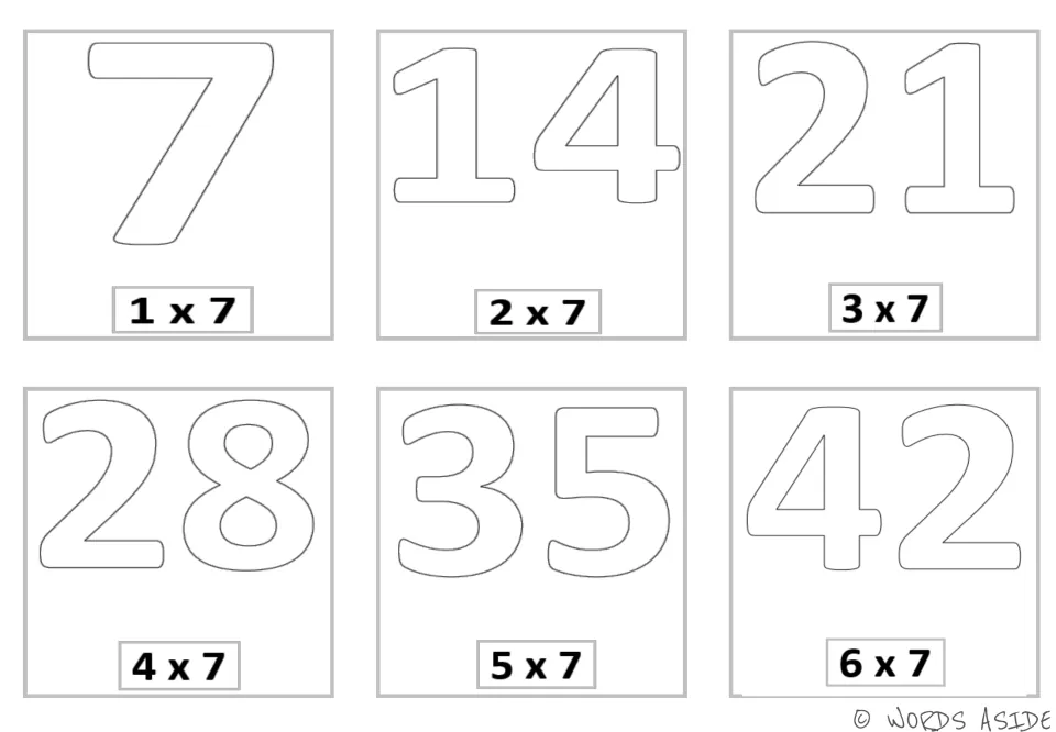 Multiplication mini cards pairing 1 x 7 through 6 x 7 with the products 7, 14, 21, 28, 35, and 42.