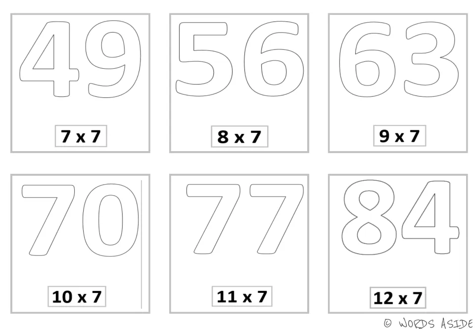 Multiplication mini cards pairing 7 x 7 through 12 x 7 with the products 49, 56, 63, 70, 77, and 84.
