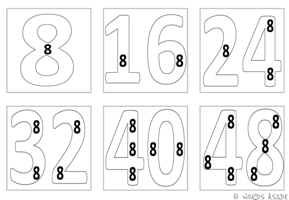 Repeated addition mini cards for 8, 16, 24, 32, 40, and 48, with small 8s inside each outlined product.