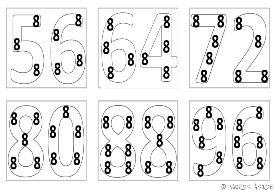 Repeated addition mini cards for 56, 64, 72, 80, 88, and 96, with small 8s inside each outlined product.