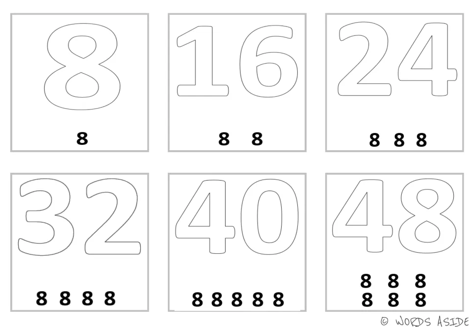 Repeated addition mini cards for 8, 16, 24, 32, 40, and 48, with one to six small 8s below the products.
