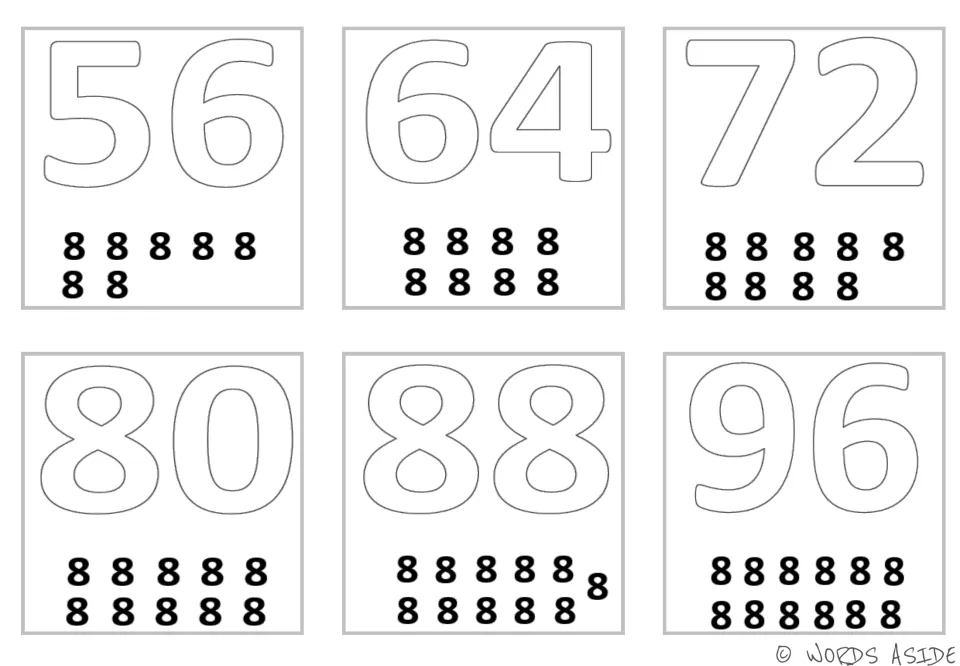 Repeated addition mini cards for 56, 64, 72, 80, 88, and 96, with seven to twelve 8s below the products.