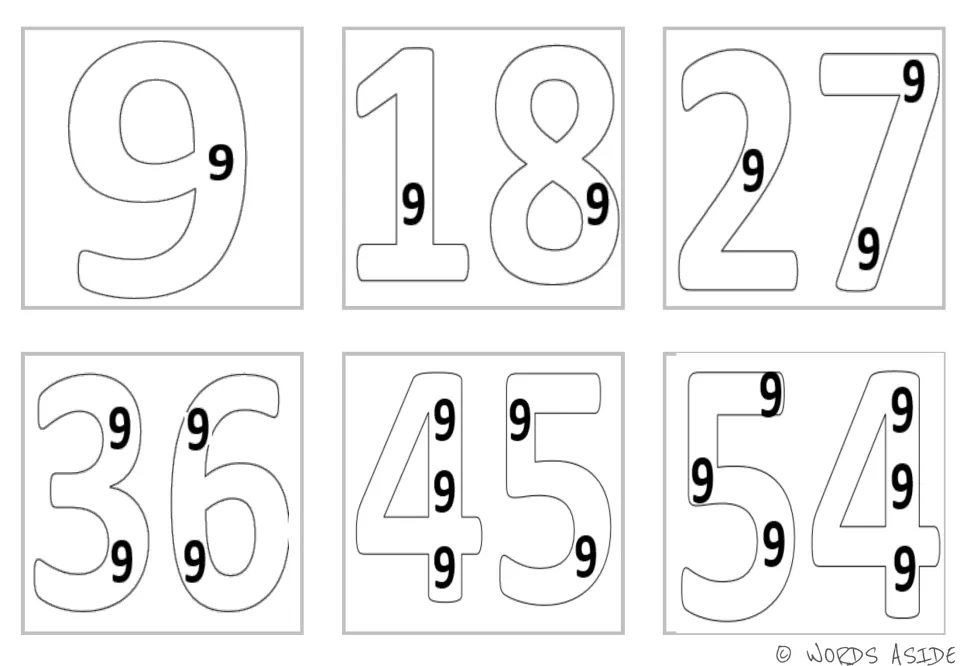 Multiplication mini cards 1–6, version 1: products 9, 18, 27, 36, 45, and 54 with small 9s inside the digits