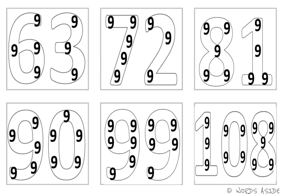 Multiplication mini cards 7–12, version 1: 63, 72, 81, 90, 99, and 108 with small 9s inside the digits