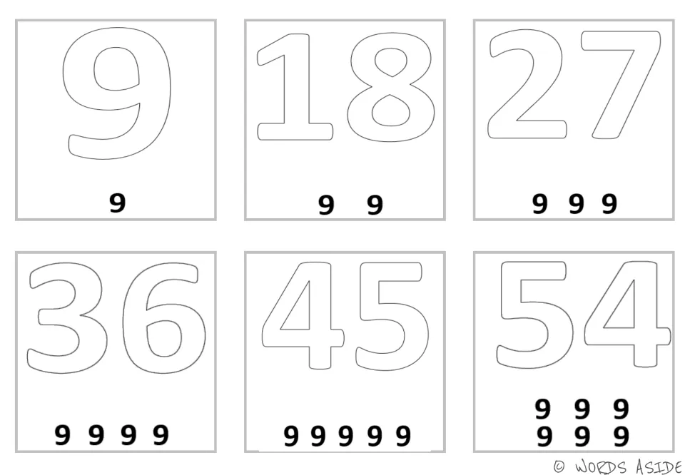 Multiplication mini cards 1–6, version 2: products 9, 18, 27, 36, 45, and 54 with groups of small 9s below