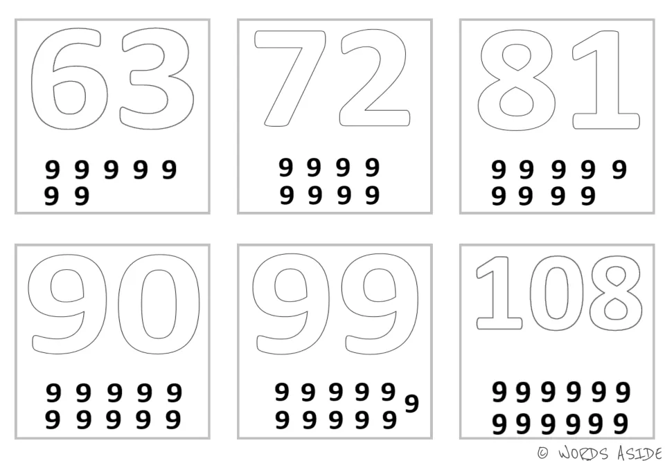 Multiplication mini cards 7–12, version 2: products 63, 72, 81, 90, 99, and 108 with groups of small 9s below
