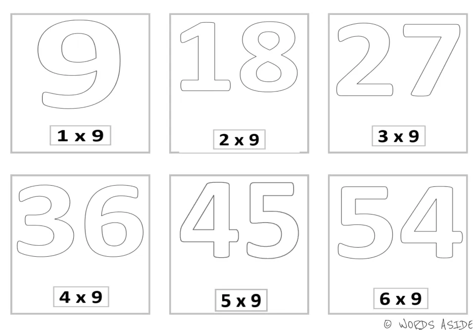 Multiplication mini cards 1–6, version 3: products 9, 18, 27, 36, 45, and 54 above facts 1 × 9 through 6 × 9