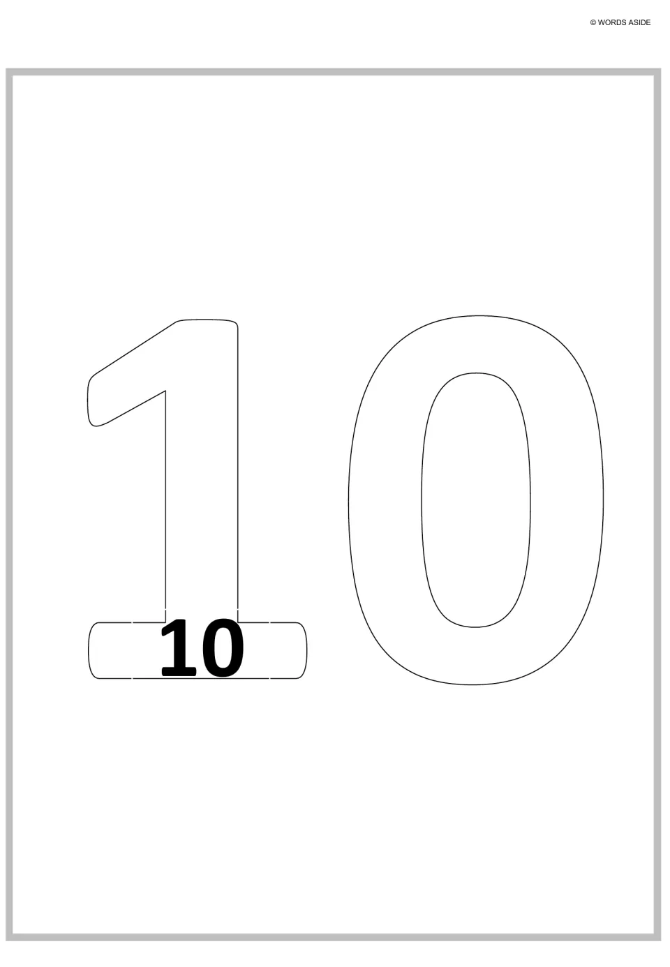 Multiplying by 10, 1 x 10: large outlined numeral 10 holding a single 10, showing one ten as repeated addition