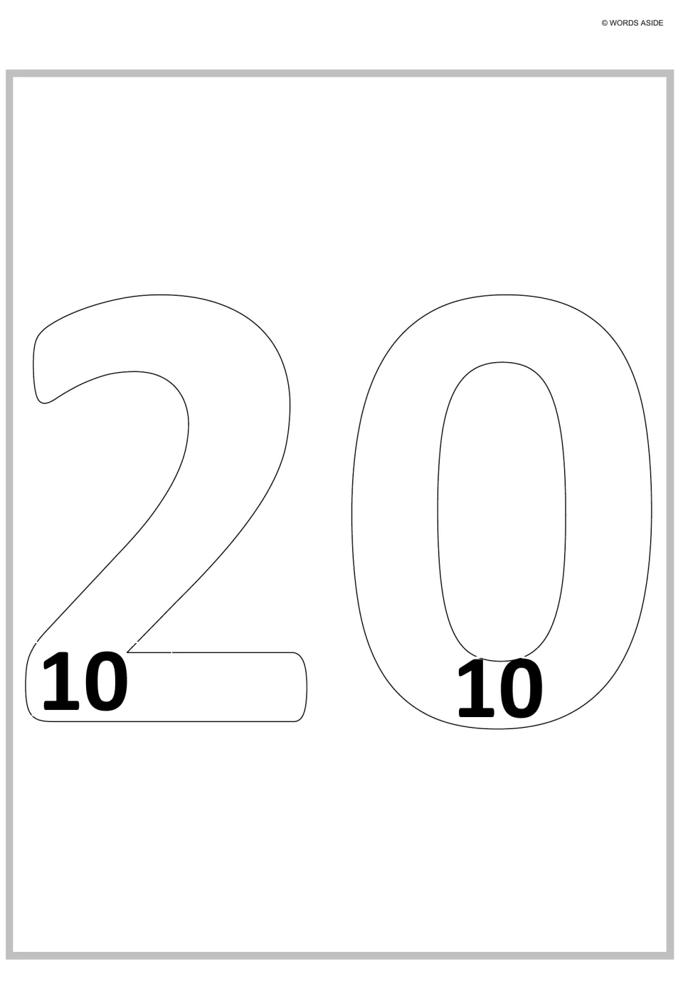 Repeated addition for 2 x 10: outlined numeral 20 with two 10s inside so students see 10 + 10 makes 20