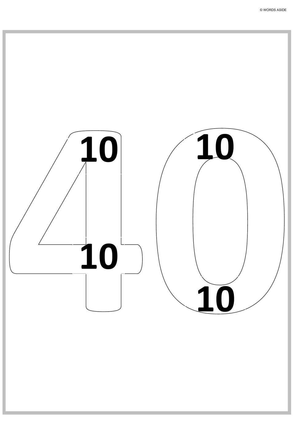 Repeated addition for 4 x 10: outlined numeral 40 with four 10s placed inside for students to count by tens to 40
