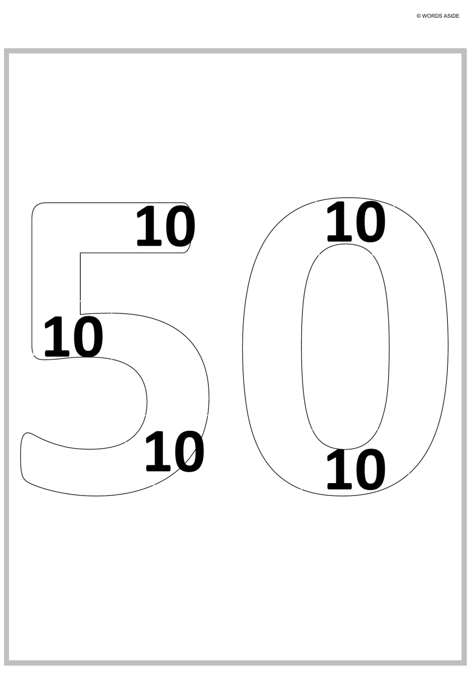 Repeated addition for 5 x 10: outlined numeral 50 filled with five 10s, showing five tens added together make 50