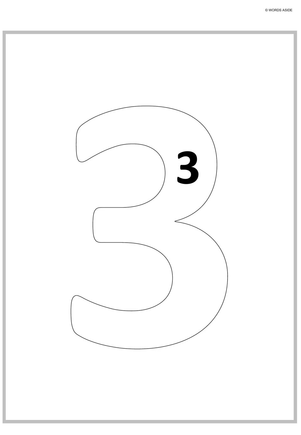 Repeated addition poster for 3: a large outlined numeral 3 contains one small 3 to represent one group of 3.