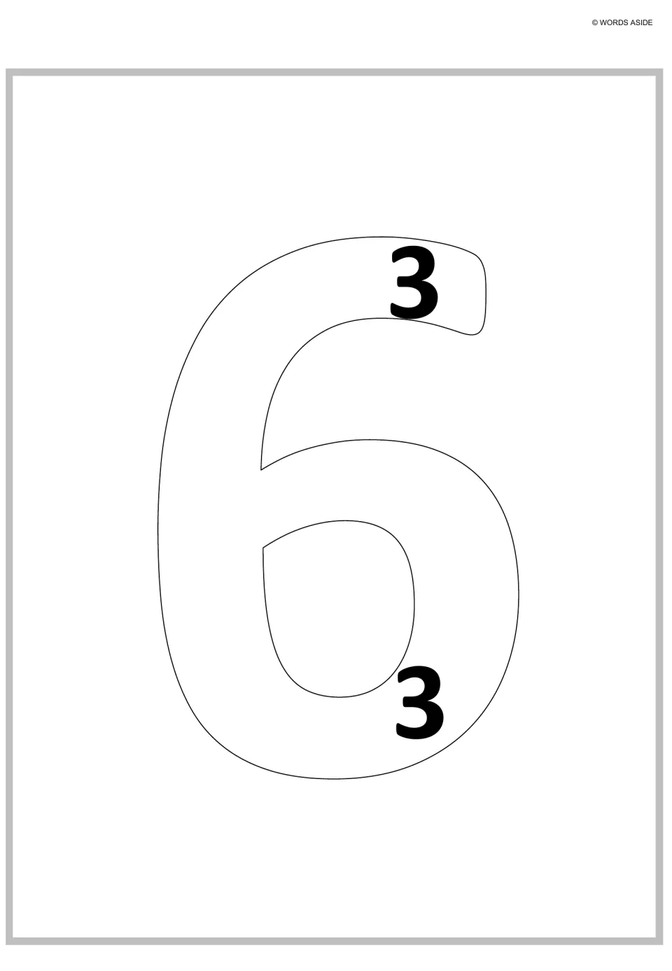 Repeated addition poster for 6: a large outlined numeral 6 contains two small 3s to represent two groups of 3.