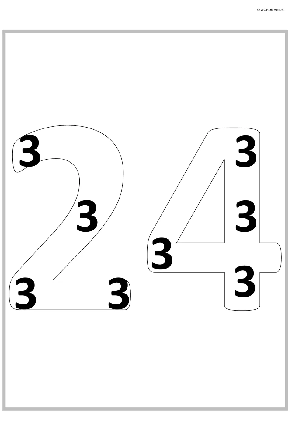 Repeated addition poster for 24: large outlined numerals contain eight small 3s to represent eight groups of 3.