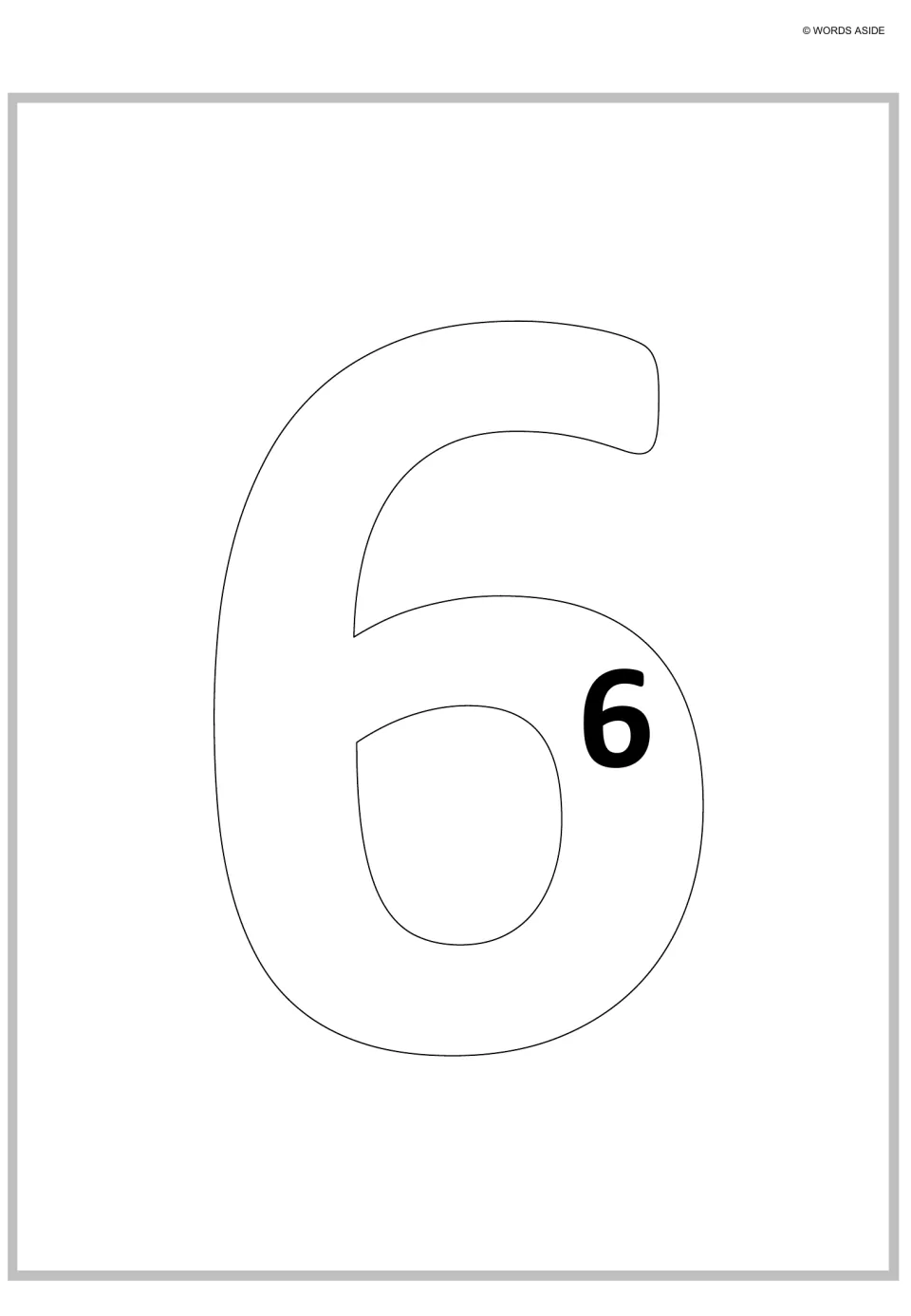 Six times one: a large outlined numeral 6 holding a single bold 6, showing 1 group of six for counting by sixes