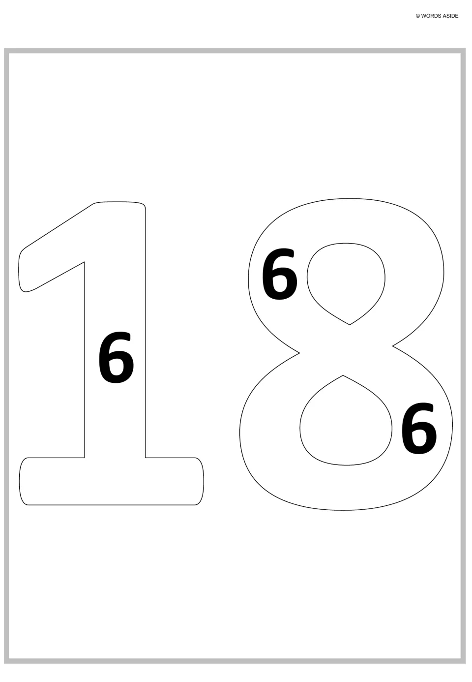 Eighteen as repeated addition: outlined 18 with three bold 6s placed inside, modeling 6 + 6 + 6 = 18 for 3 x 6