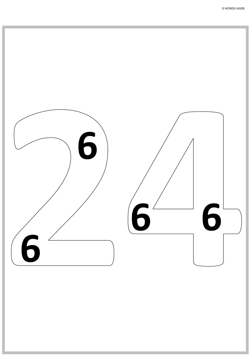 Twenty-four as repeated addition: four bold 6s sit inside an outlined 24, modeling 4 groups of six for 4 x 6 = 24