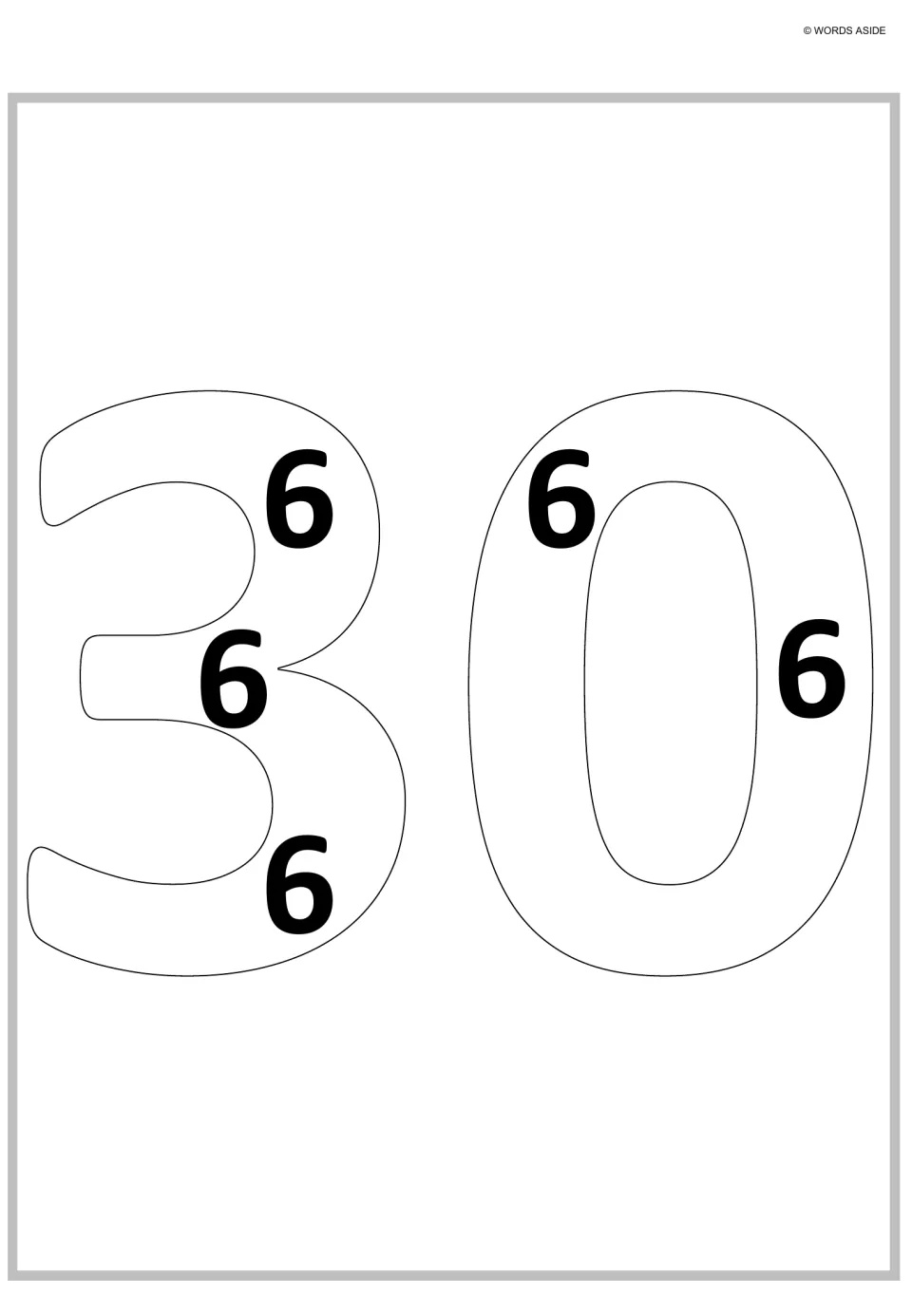 Thirty as repeated addition: an outlined 30 contains five bold 6s, so adding 6 five times models 5 x 6 = 30