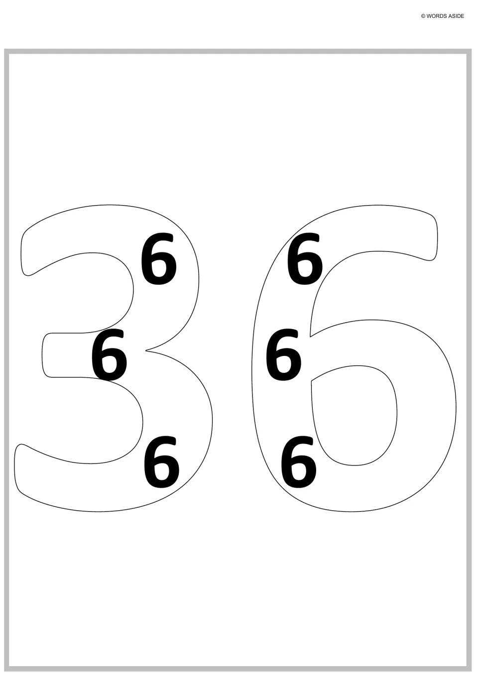 Thirty-six as repeated addition: six bold 6s, three in each digit of an outlined 36, show six groups of six (6 x 6)
