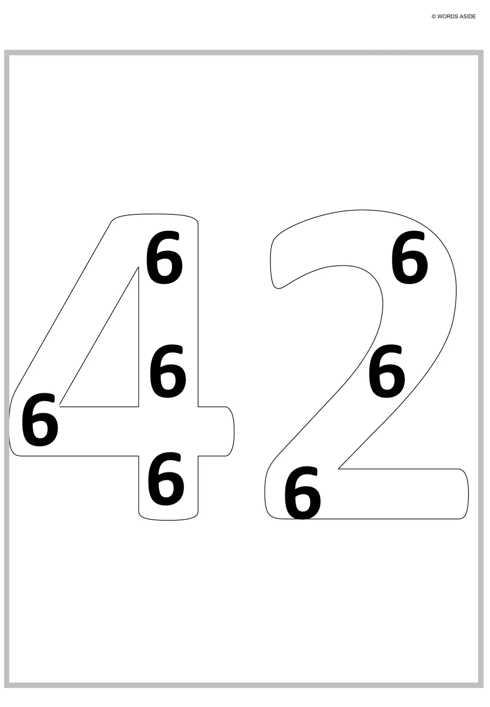 Forty-two as repeated addition: seven bold 6s spread across an outlined 42, modeling 7 x 6 as six added seven times