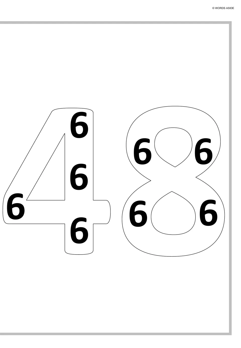 Forty-eight as repeated addition: eight bold 6s fill an outlined 48, four in each digit, showing 8 groups of six