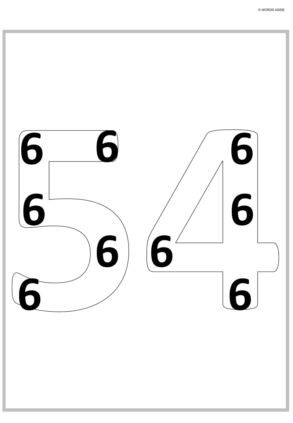 Fifty-four as repeated addition: nine bold 6s inside an outlined 54, five in the 5 and four in the 4, for 9 x 6