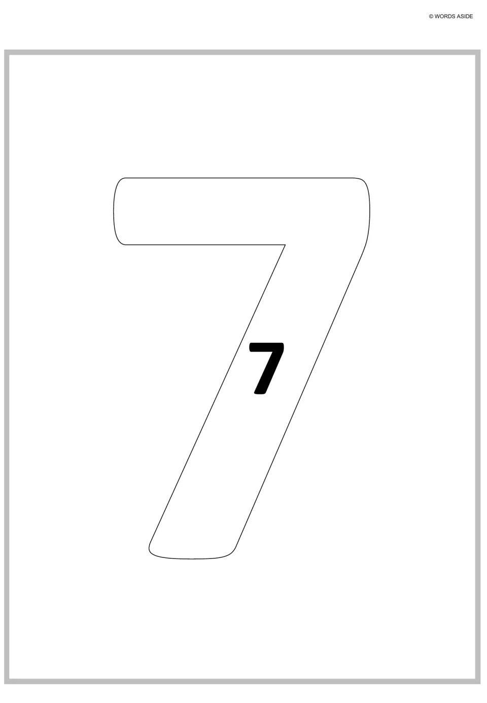 Sevens as repeated addition: a large hollow 7 holds one small bold 7, showing that 1 group of 7 equals 7