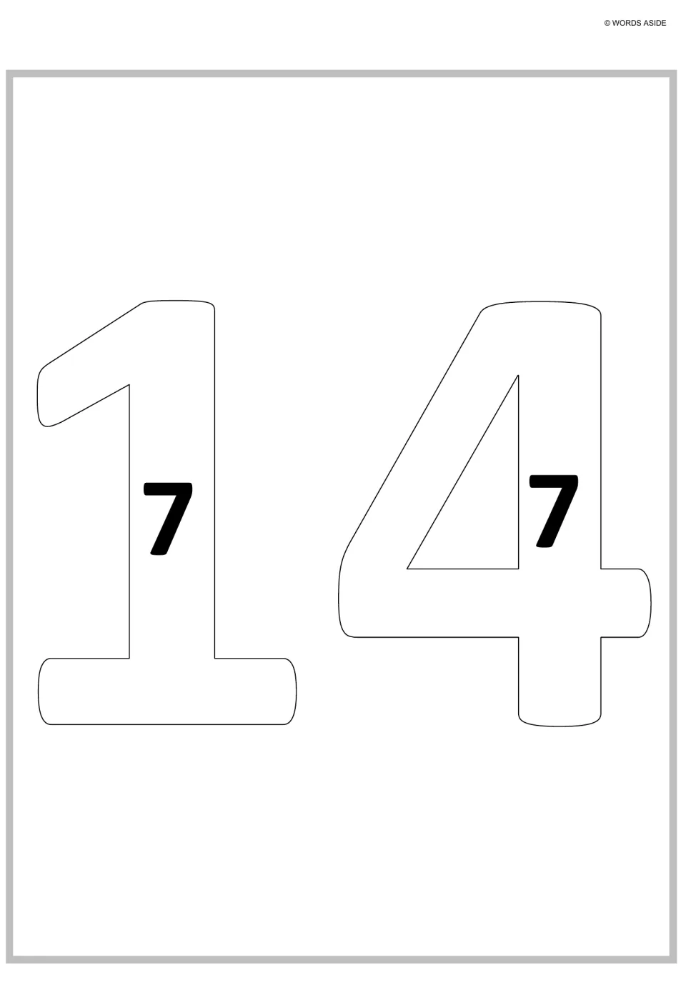 Sevens as repeated addition: large hollow digits of 14 hold two small 7s, showing 7 + 7 = 14 as 2 groups of 7
