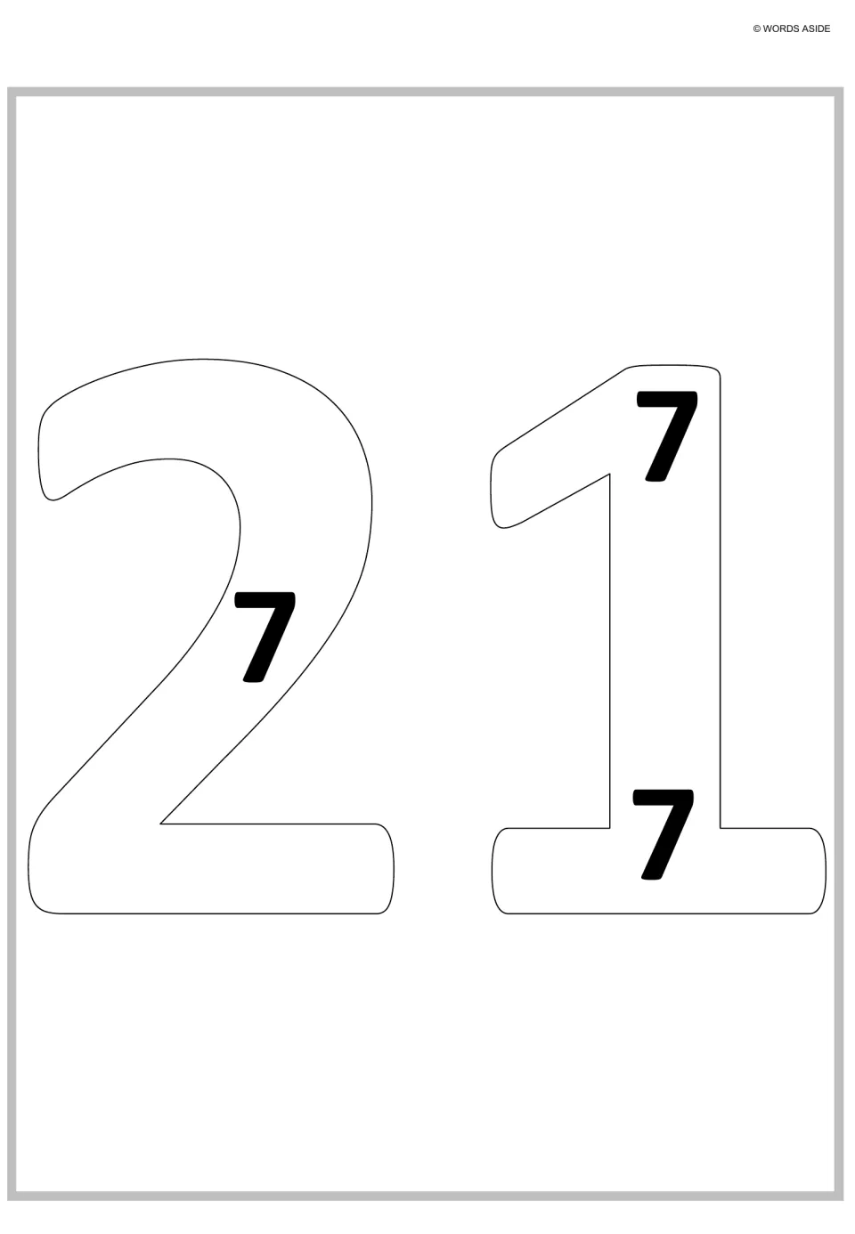 Sevens as repeated addition: large hollow digits of 21 hold three small 7s, showing 7 + 7 + 7 = 21 as 3 groups