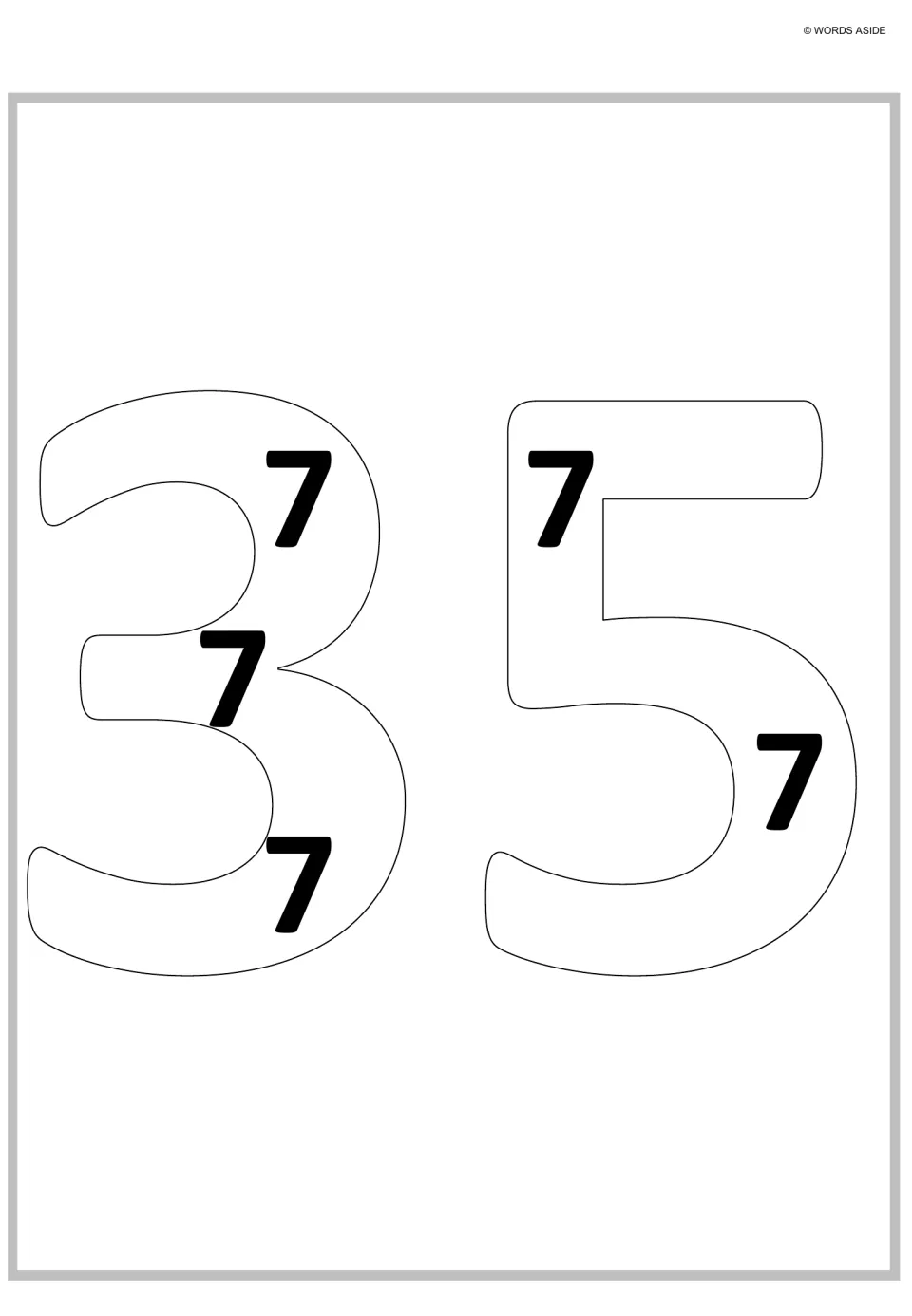 Sevens as repeated addition: large hollow digits of 35 hold five small 7s, showing 5 groups of 7 add up to 35