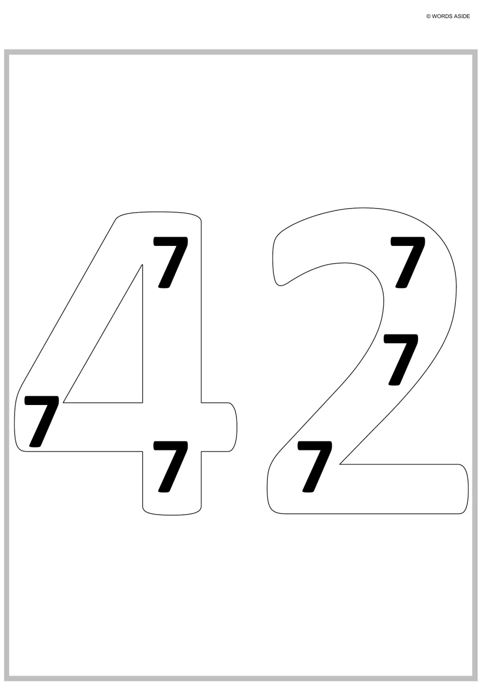 Sevens as repeated addition: large hollow digits of 42 hold six small 7s, showing six sevens added together make 42