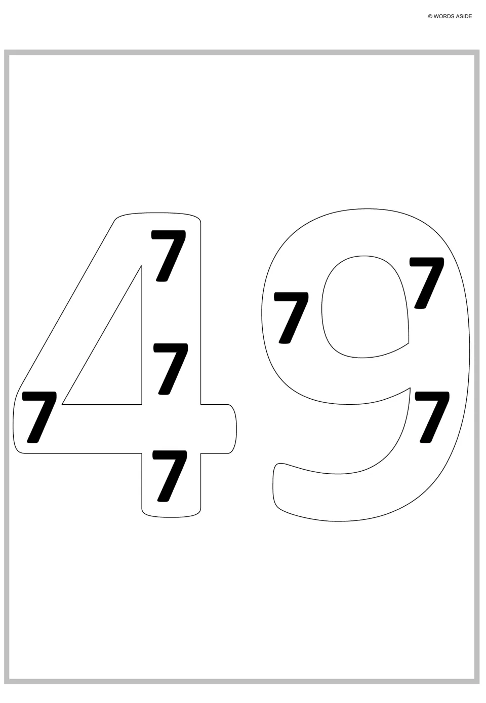 Sevens as repeated addition: large hollow digits of 49 hold seven small 7s, showing 7 groups of 7 make 49